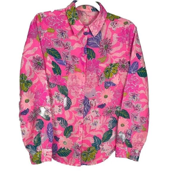 Lilly Pulitzer Sea View Collared Shirt Pink Isle Multi Linen Womens Size XS - Picture 2 of 9